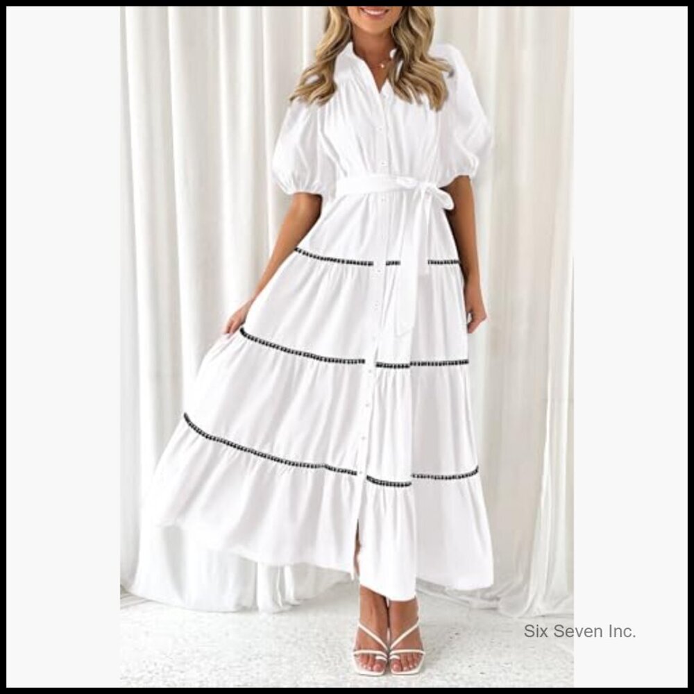Viscose Polyester Polyamide Maxi Dress with Puffy Sleeves and Pockets - Picture 5 of 7